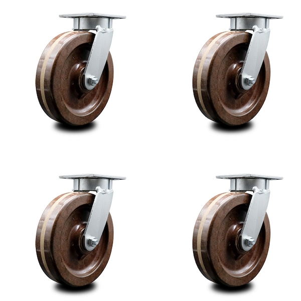 8 Inch Kingpinless High Temp Phenolic Wheel Swivel Top Plate Caster SCC, 4PK